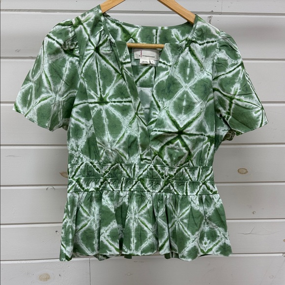 Anthropologie Somerset Peplum Smocked Green Cream  Print Blouse Women's Medium - Picture 1 of 10